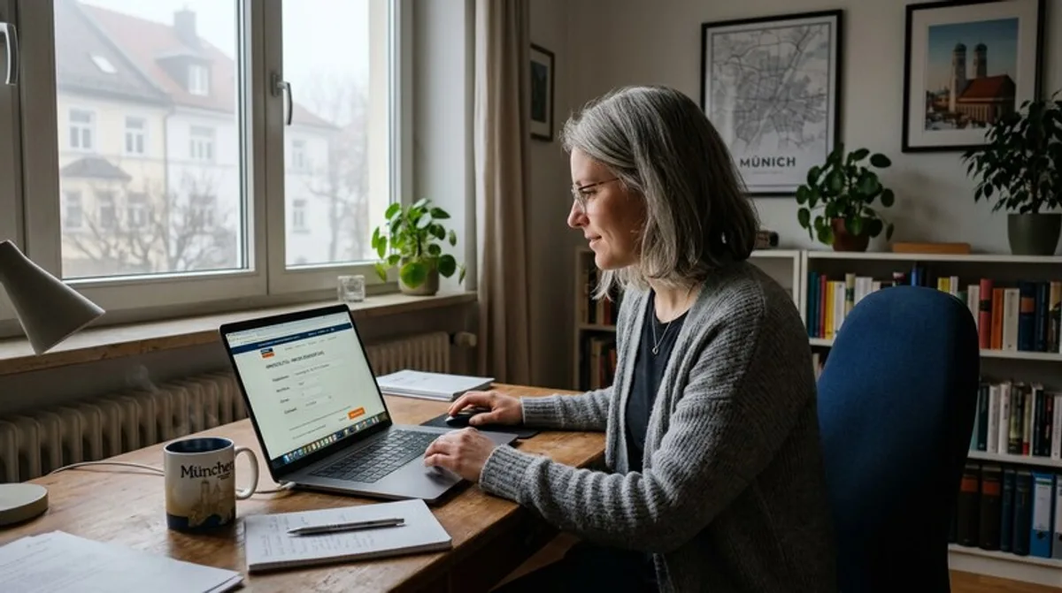 Frau nutzt Immobilienwert-Rechner am Laptop im Wohnzimmer